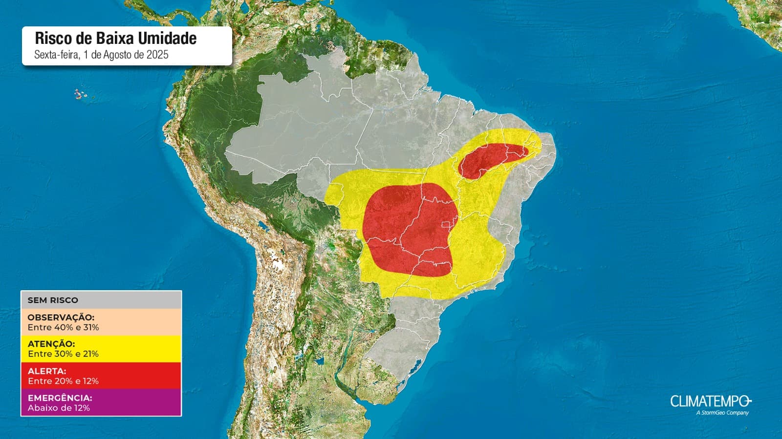 Figura 1- Mapa de risco para umidade nesta sexta-feira 01 de agosto de 2025. Fonte: Climatempo