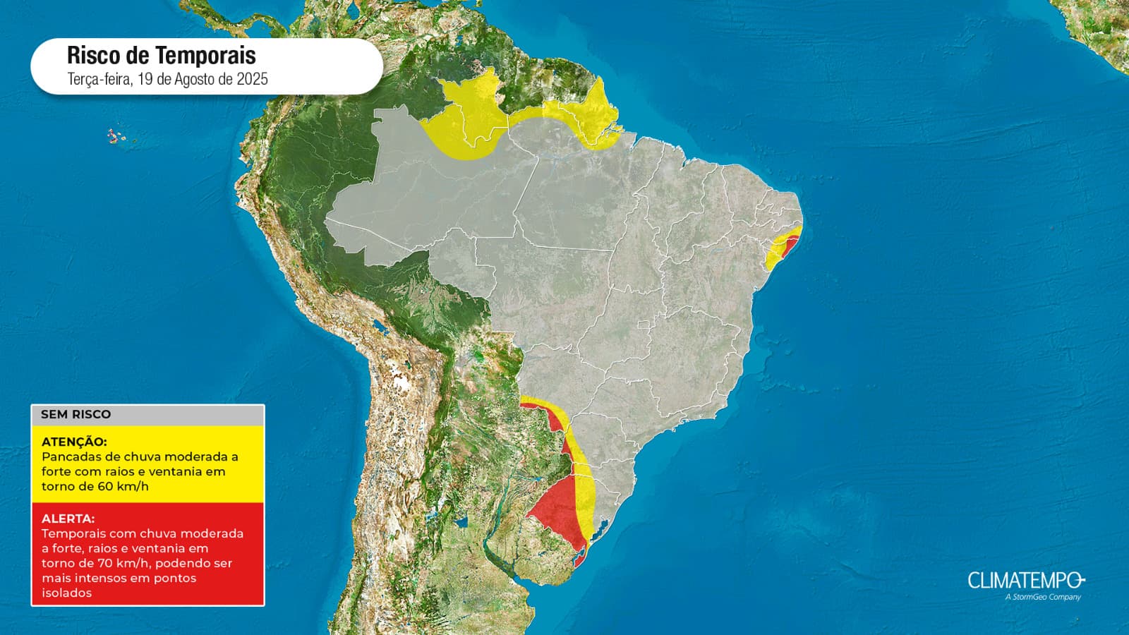 Figura 1 - mapa de risco desta terça-feira 18 de agosto de 2025. Fonte: Climatempo.
