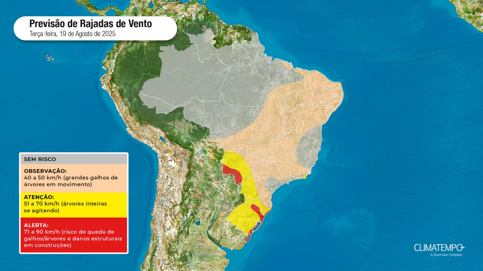 Figura 2: Mapa de risco para rajadas de vento para essa terça-feira 19 de agosto de 2025. Fonte: Climatempo.