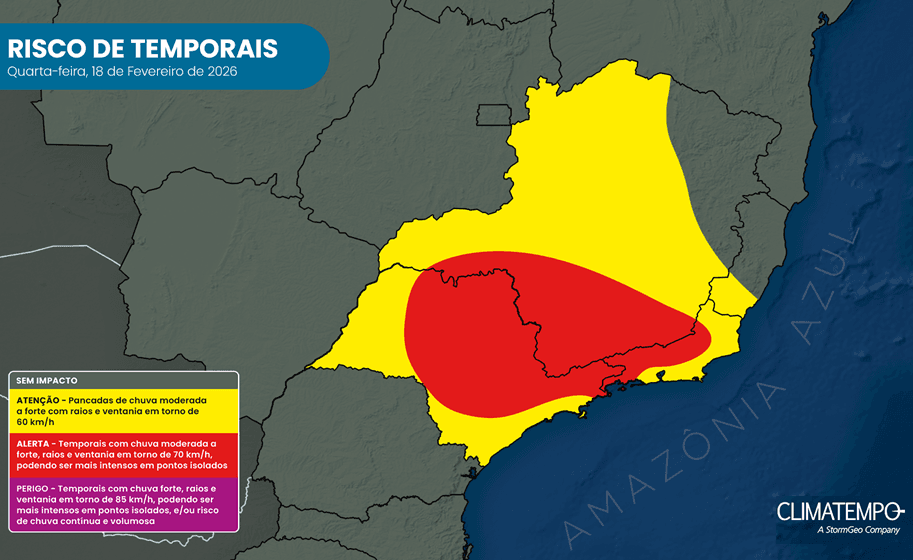 Risco de chuva forte no Sudeste para 18/2/2026