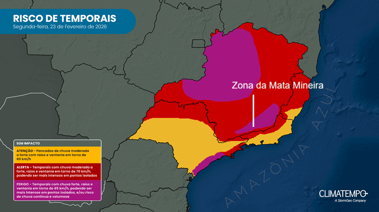 Previsão de risco de chuva forte e de temporal no Sudeste do Brasil para 23/2/26