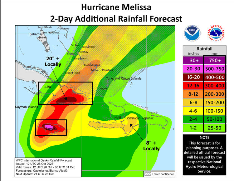 Previsão do volume de chuva do furacão Melissa entre 9h de 28/10/25 e 21h de 30/10/25 (hora de Brasília) Previsão do volume de chuva do furacão Melissa entre 9h de 28/10/25 e 21h de 30/10/25 (hora de Brasília)
