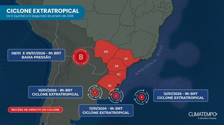 Previsão do deslocamento do centro de baixa pressão atmosférica do ciclone extratropical, que se forma em 9/1/26 Previsão do deslocamento do centro de baixa pressão atmosférica do ciclone extratropical, que se forma em 9/1/26