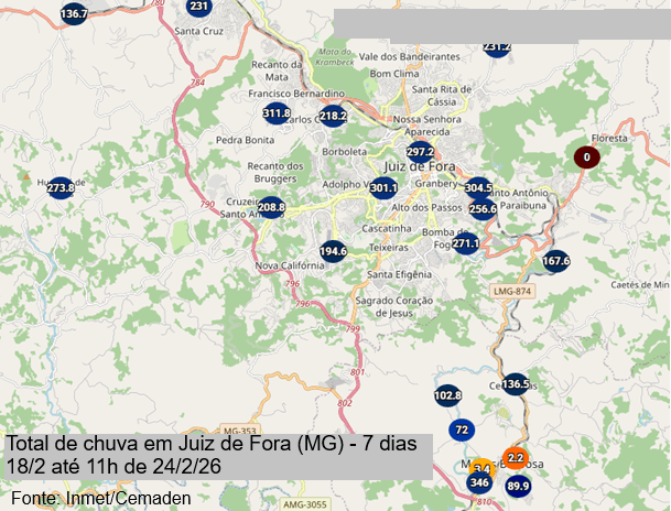 Chuva acumulada em 7 dias (18 a 24 de fevereiro de 2026) em Juiz de Fora/MG Chuva acumulada em 7 dias (18 a 24 de fevereiro de 2026) em Juiz de Fora/MG